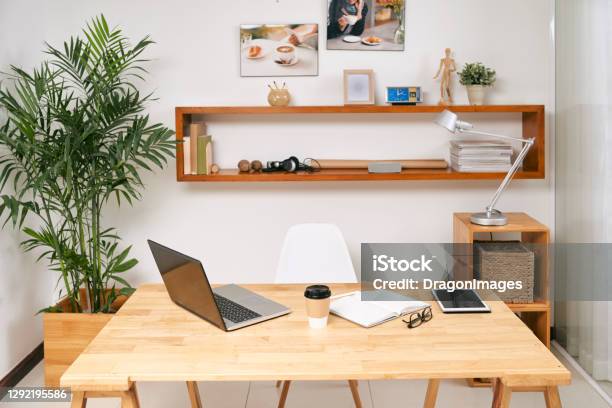 Office Table With Laptop And Planner Stock Photo - Download Image Now - Creativity, Desk, Home Interior