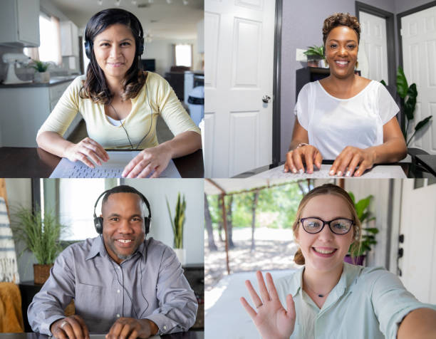 collage of diverse coworkers having video conference together looking at camera - filipino ethnicity audio imagens e fotografias de stock