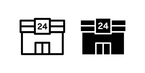 illustrations, cliparts, dessins animés et icônes de ensemble d’icônes de dépanneur 24 heures sur 24 - épicier