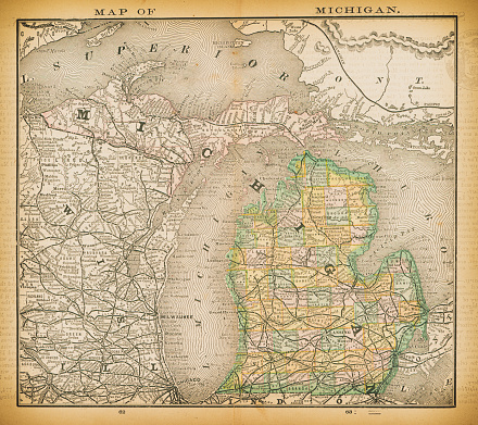 19th century map of Michigan. Published in New Dollar Atlas of the United States and Dominion of Canada. (Rand McNally & Co's, Chicago, 1884).