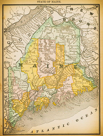 19th century map of State of Maine. Published in New Dollar Atlas of the United States and Dominion of Canada. (Rand McNally & Co's, Chicago, 1884).
