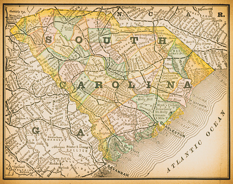 19th century map of South Carolina.Published in New Dollar Atlas of the United States and Dominion of Canada. (Rand McNally & Co's, Chicago, 1884).