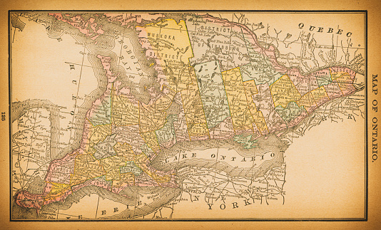 19th century map of Ontario. Published in New Dollar Atlas of the United States and Dominion of Canada. (Rand McNally & Co's, Chicago, 1884).