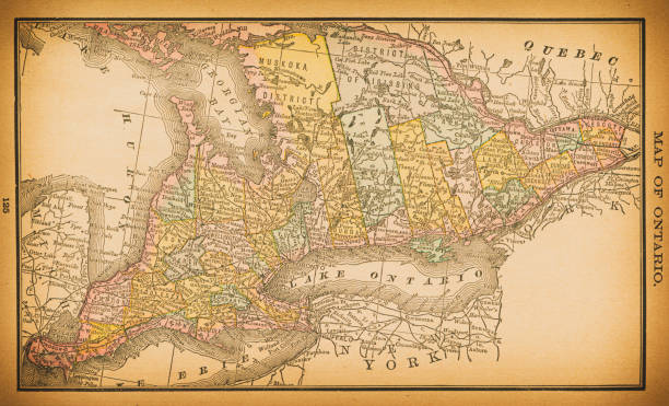 19th century map of Ontario 19th century map of Ontario. Published in New Dollar Atlas of the United States and Dominion of Canada. (Rand McNally & Co's, Chicago, 1884). ocad stock illustrations