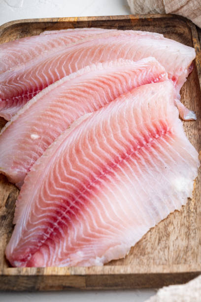 istock Tilapia fish fillet meat, on white background 1292209313