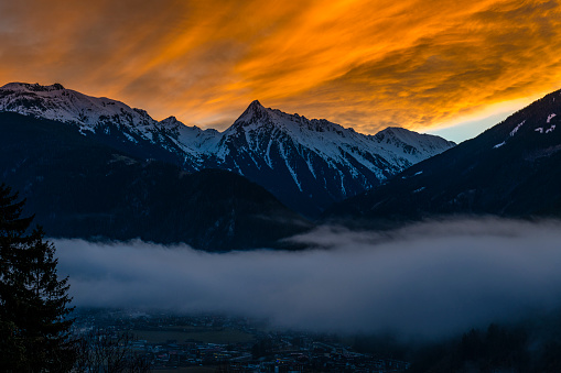 red sky over Zillertal in Austria