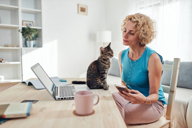istock Woman working from home on a laptop / notebook with cat pet with her. 1292215773