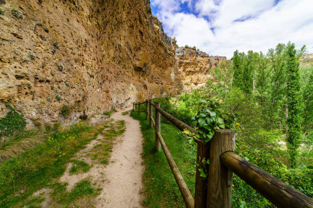 istock Green landscape with walking path and high rock wall. 1292216590