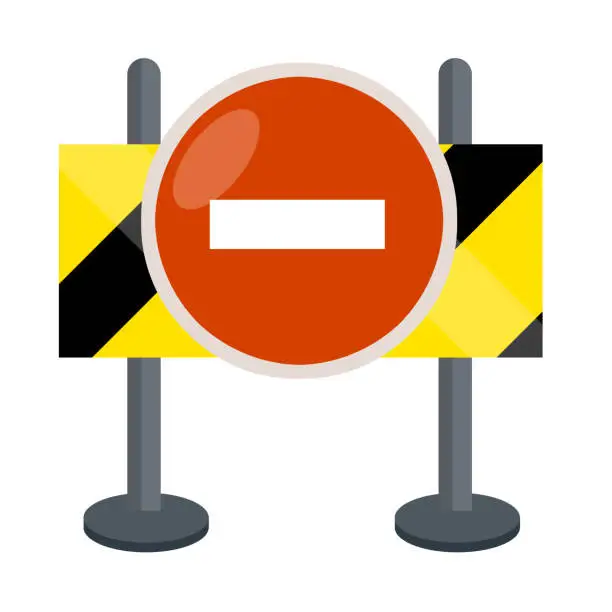 Vector illustration of Road works. No-entry sign. Closed road. Yellow plate with strip.