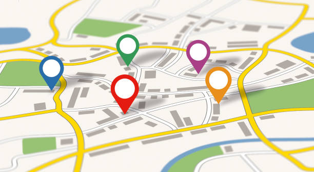 다채로운 아이콘이 있는 일반 도시 지도 - 지도 핀 아이콘 일러스트 뉴스 사진 이미지