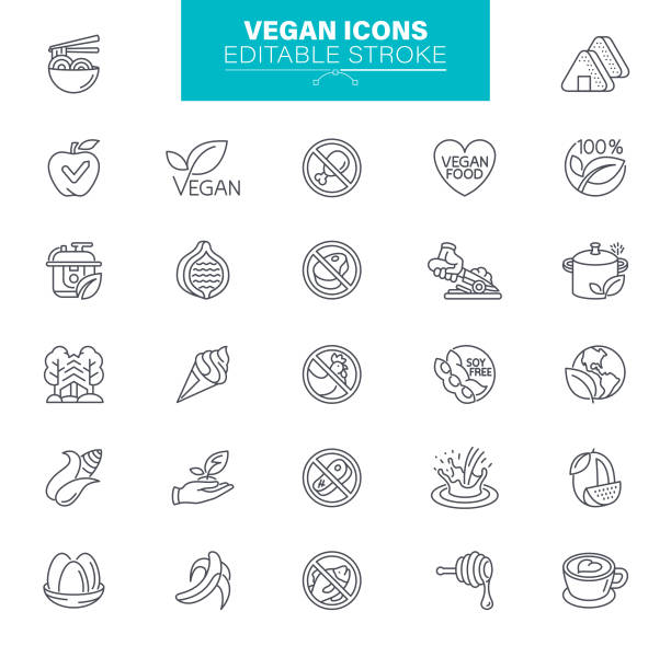 Vegan Icons. Veganism, healthy food, Gluten Free Food Icons Collection. Gluten, Lactose and Sugar Free. Vegan Food and Eco friendly. Editable Strokes. vegan stock illustrations