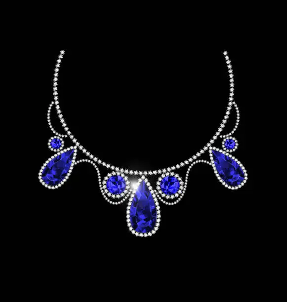 Vector illustration of black background and light jewel diamond sapphire necklace