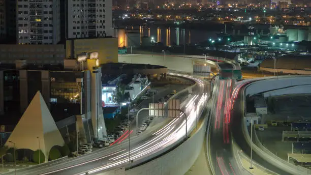 Photo of Cityscape of Ajman from rooftop at night timelapse. Ajman is the capital of the emirate of Ajman in the United Arab Emirates