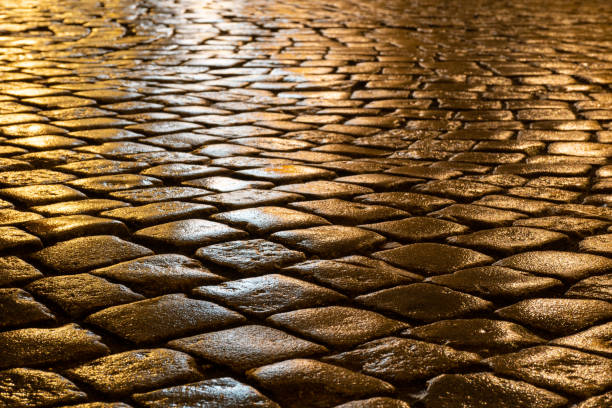 istock Wet cobblestones at night after rain on a street 1292220734