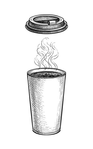 tintenskizze von heißem kaffee mit dampf. - hot chocolate coffee isolated on white cup stock-grafiken, -clipart, -cartoons und -symbole