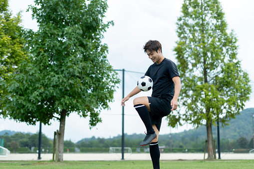 Young man playing soccer in the park