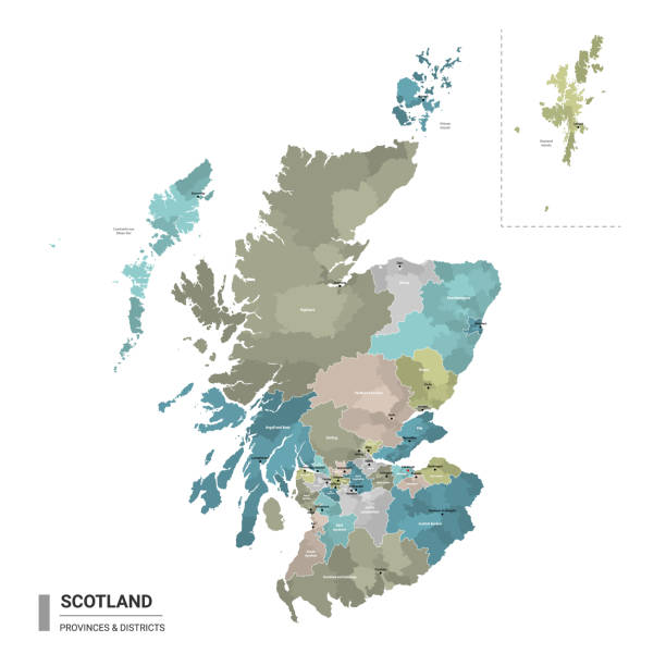 스코틀랜드 는 세분화와 상세한지도를 higt. 지구와 도시 이름으로 스코틀랜드의 행정지도, 주 및 행정 지구에 의해 착색. 벡터 그림입니다. - central district stock illustrations