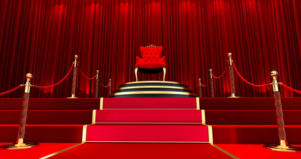 renderização 3d da cadeira real vermelha. tapete vermelho que leva ao trono luxuoso, escada e barreira de corda de ouro. - carpet red nobility rope - fotografias e filmes do acervo