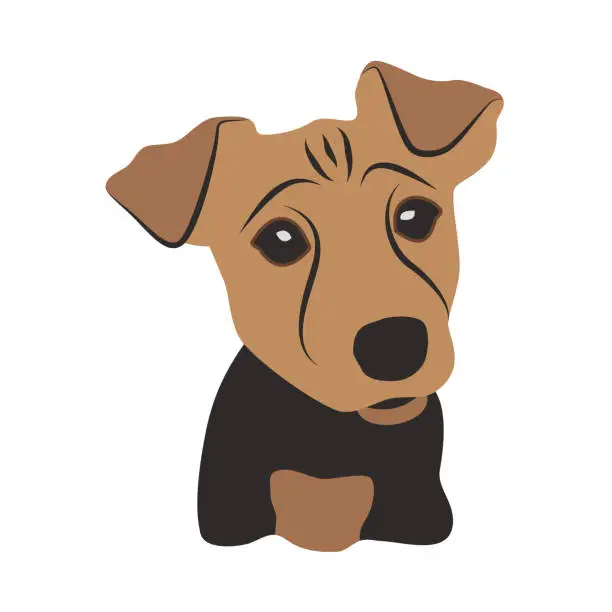 Vector illustration of Portrait of a cute puppy dog with big sad eyes. Hand-drawn vector, flat style. Fanny cartoon baby pet. Brown and black colors. For children's illustrations, printing on T-shirts, sublimation, internet.