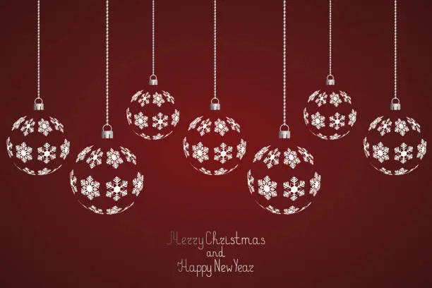 Vector illustration of Festive postcard. Set of Christmas toys. Ornament from snow-white snowflakes. Glass ball. Lettering. Merry Christmas and Happy New Year. Colored vector illustration. Isolated red background. Christmas decorations are hung on a chain. Delicate decor.