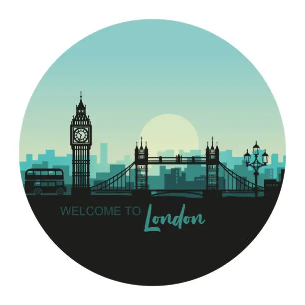 Vector illustration of Abstract round cityscape of London with the sights at sunset