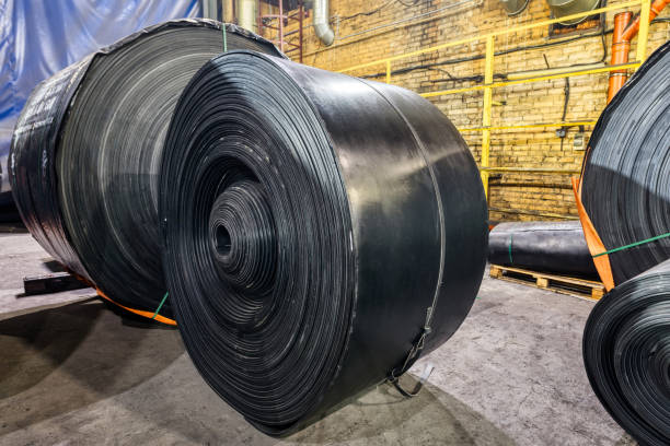 istock Rubber conveyor belt factory. Finished goods warehouse 1292230337