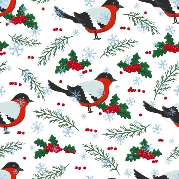 Vector illustration of Hand drawn seamless pattern of winter bird bullfinch, berries, leaves, tree branches, snowflakes. Happy New Year and Christmas illustration for greeting card, invitation, wallpaper, wrapping paper