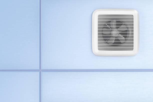 ventilador de exaustão montado nos azulejos azuis - exhaust fan - fotografias e filmes do acervo