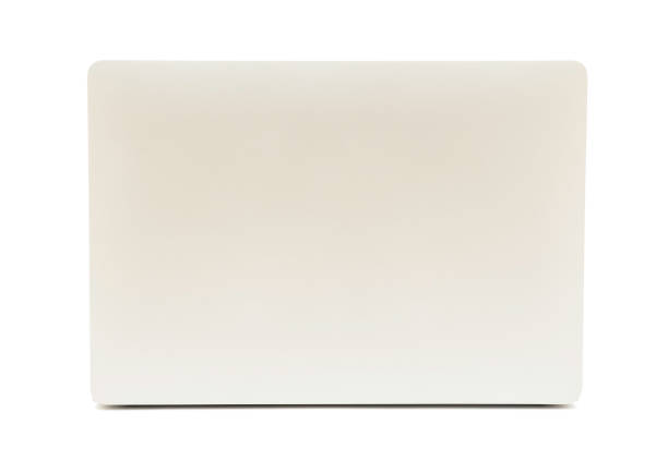 istock Back view of silver laptop computer open isolated on white background 1292236675
