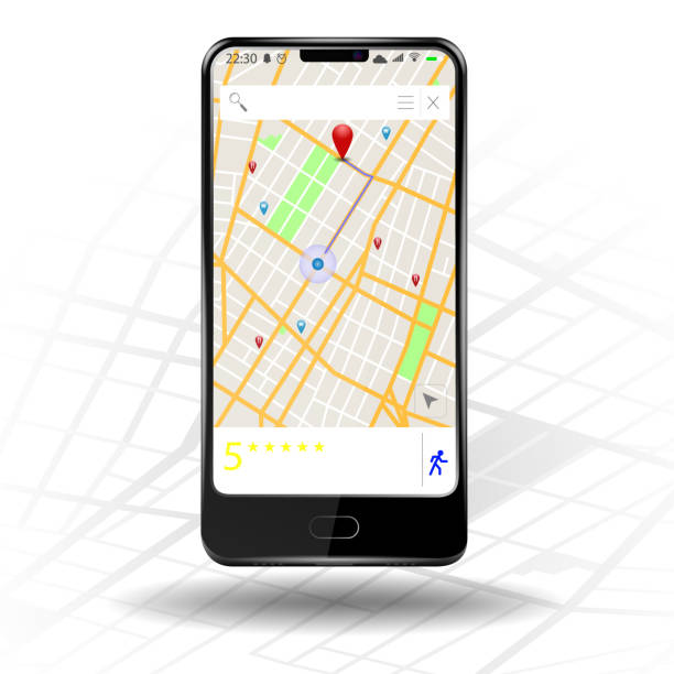 istock Mobile phone with map and marker. Touchscreen smartphone. Concept of route, landmark, adventure, explore. Vector illustration. 1292237818