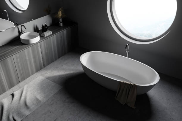 istock Gray loft bathroom corner with tub and sink, top view 1292238783