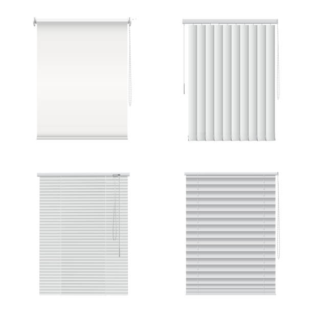 Window blinds, closed curtains, jalousie realistic empty template set. Roller shades. Window blinds, closed curtains, jalousie realistic empty template set. Roller shades horizontal, vertical design mockups. Privacy concept. Interior element. Vector collection isolated on white. Blinds stock illustrations