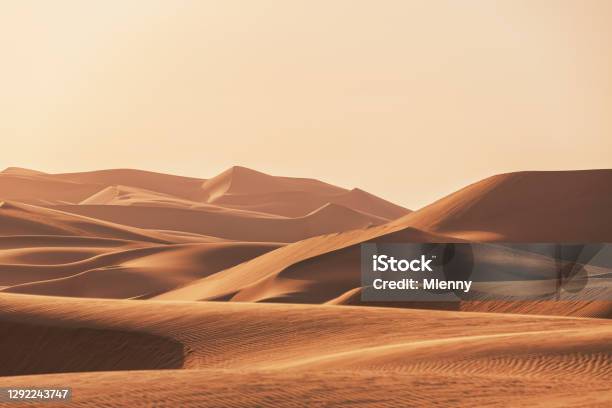 Abu Dhabi Desert Sand Dunes Empty Quarter Rub Al Khali Sunset Uae Stock Photo - Download Image Now