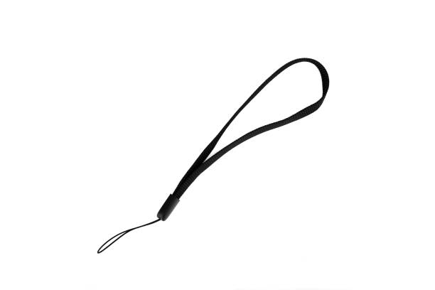 Black wrist strap for mobile phone or camera isolated on white background.
