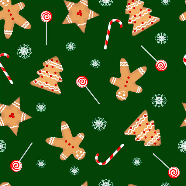 illustrazioni stock, clip art, cartoni animati e icone di tendenza di modello vettoriale senza soluzione di continuità natalizio. dolci, pan di zenzero, lecca-lecca e fiocchi di neve su sfondo verde - hard candy candy backgrounds multi colored