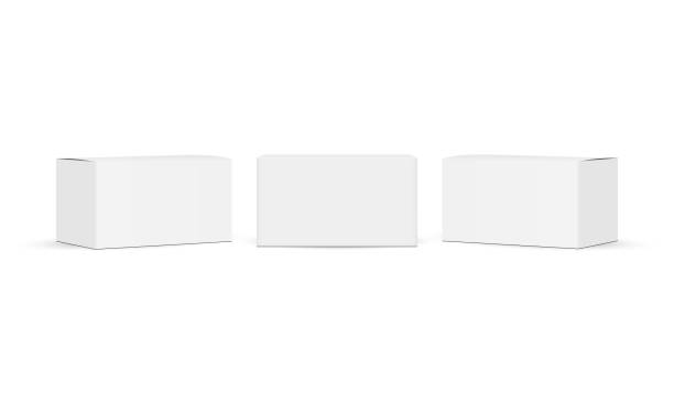 ilustrações de stock, clip art, desenhos animados e ícones de three small rectangular paper boxes mockups, front and side view - box