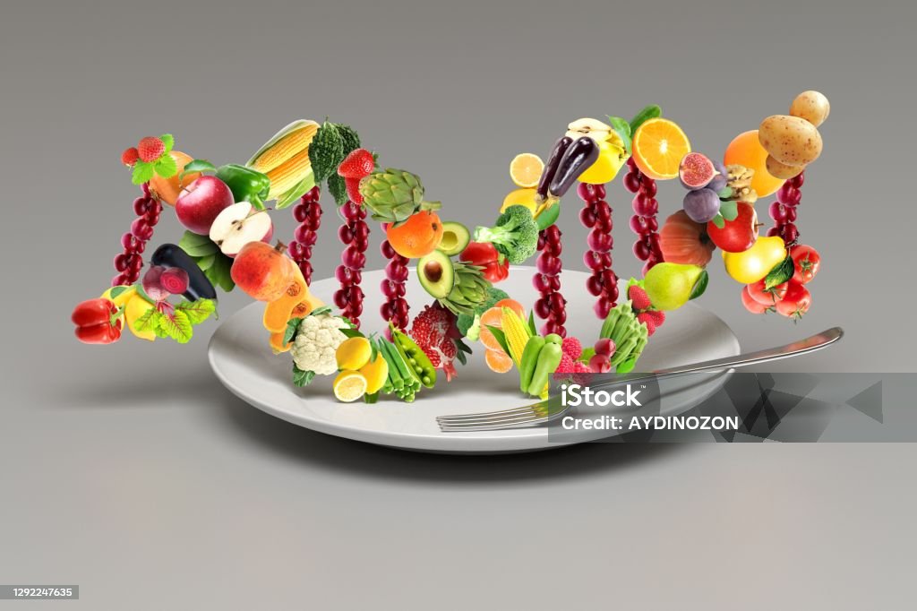 Nutrigenetics food concept DNA strand made from fruits and vegetables fresh served ready to eat for healthy life DNA Stock Photo
