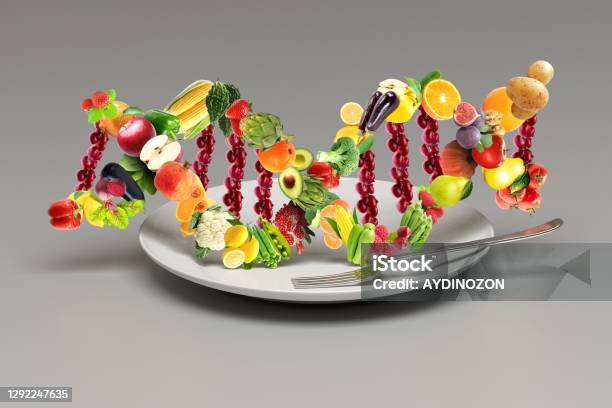 Nutrigenetics Food Concept Dna Strand Made From Fruits And Vegetables Fresh Served Ready To Eat For Healthy Life Stock Photo - Download Image Now