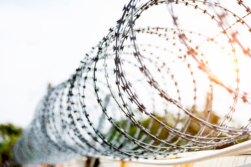 Close up of barbed wire fence.