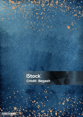 istock Abstract poster handmade Dark navy blue watercolor background drawn by brush. Beautiful flowing paint on textured paper. Golden shiny splashes, drops. 1292248964