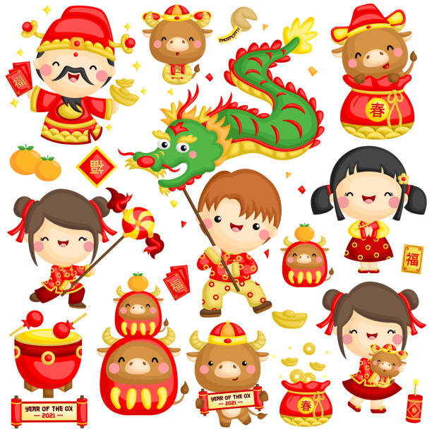 векторный набор детей празднование китайского нового года быка зодиака - hongbao stock illustrations