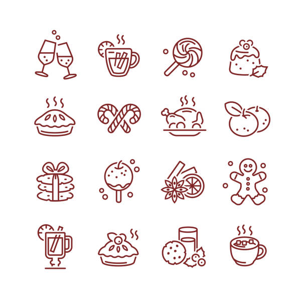 weihnachten essen und trinken icons set - glühwein stock-grafiken, -clipart, -cartoons und -symbole