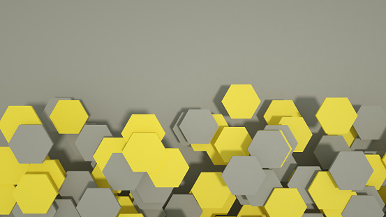 Hexagon, Pattern, Honeycomb, Backgrounds, Molecule, Abstract, Flying. Pantone 2021 colors Ultimate Gray and Illuminating Vibrant Yellow.