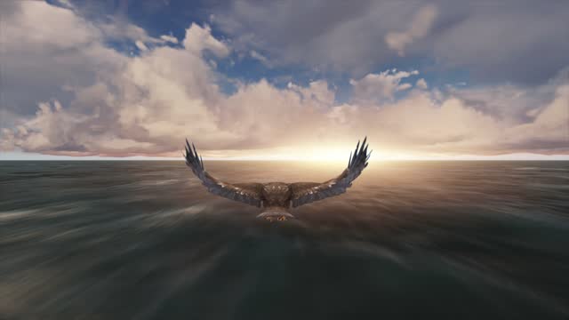 Eagle flying animation on clouds. The concept of animal, wildlife, games, 3d animation, short video, film, cartoon, sky, landscape, character animation, design element
