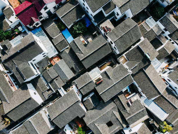 Drone View of Ancient Town Residential Buildings Drone View of Ancient Town Residential Buildings / Suzhou, China jiangsu province photos stock pictures, royalty-free photos & images
