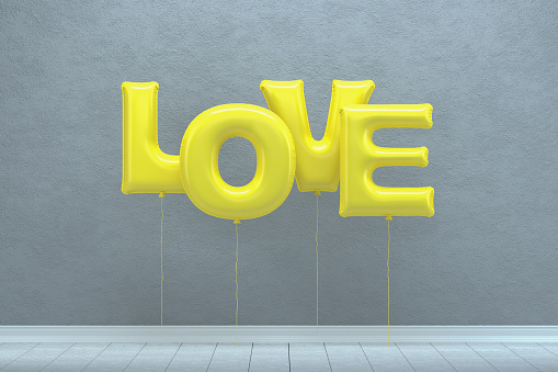 3d rendering of Shiny love balloons in empty room. Valentine's day, Party concept. Pantone 2021 colors Ultimate Gray and Illuminating Vibrant Yellow.