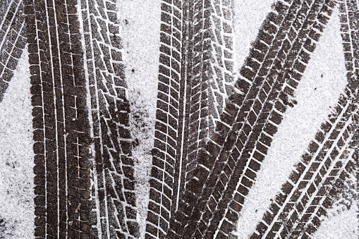 Car tire tracks in the snow