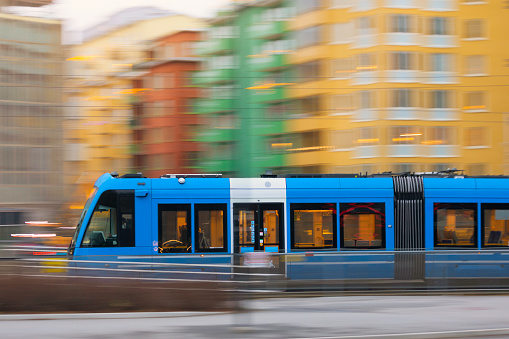 A tram in motion on 