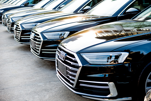 Fujian, China - September, 4th, 2018: The Audi A8 limousines stopped on the parking on the show. These vehicles are the ones of most luxury limousines in the world.