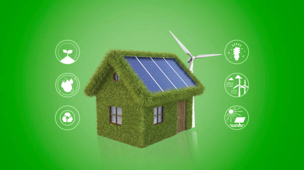 istock Sustainable development, ecology and environment protection concept, House with Solar energy and turbine surrounded with sustainability icons, renewable energy, people and natural resources, recycling 1292260504